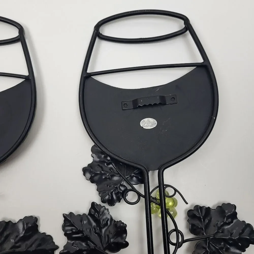 Metal Wine Glass Set, Hanging Wall Decor - Green, Black, Bronze, Leaves & Grapes